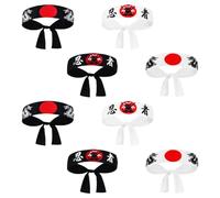 KOMBIUDA Lot de 8 Bandeaux Japonerie Ninja Hachimaki en Polyester, Taille Unique, Couleur Noire et Blanche, Bandeaux Traditionnels pour Cosplay, Karaté, Sport et Costume Samouraï Homme
