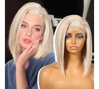 KOME Perruque synthétique blonde 33 x 15 cm, courte, lisse, sans colle, pour femme blanche, usage quotidien, 25,4 cm (#FDML)