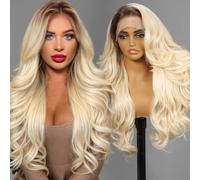 KOME Perruque synthétique ombrée 613 blonde avec dentelle frontale, 33 x 15 cm, perruque HD sans colle pour femme, usage quotidien, 66 cm
