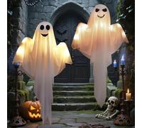KOMEIYL 2pcs Kit de Fantômes Lumineux pour Halloween, Blanc Fantômes Suspendus pour Halloween, Hanging Ghost Decorations Outdoor, S'applique à Maison Hantée, Escape Room, Soirée Thème