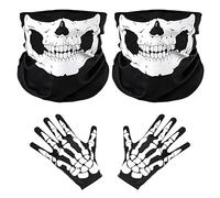 KOMEIYL 2pcs Masque Tête Mort et Gants Squelette Blanc, Respirant Crâne Masque, Cache cou Moto Tete de Mort, S'applique Faire Vélo Extérieur Eviter Vent Poussière Réduire L'adsorption