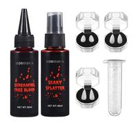KOMEIYL 5pcs Set Maquillage Halloween Sang, Maquillage Halloween Zombie Vampire, Spray Faux Sang + Faux Sang Goutte Goutte + 3 Vampire Fausses Dents, S'applique D'Halloween Soirées Thème
