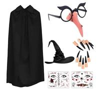 KOMEIYL 6pcs Déguisement de Sorcière D'halloween pour Femme, Noir Sorcièr Costume, Cape + Chapeau Sorcière + Lunettes Sorcièr (avec faux nez) + Faux Ongles Noire + 2 Tatouages Faciaux