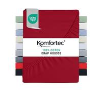 Komfortec Drap Housse Lit 160x200 cm - Jersey 100% Coton 135g/m² - Certifié Oeko-Tex - Bonnet 30 cm - Drap Lit avec Élastique pour Matelas Épais - Rouge