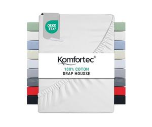 Komfortec Drap Housse Lit 160x200 cm - Jersey 100% Coton 135g/m² - Certifié Oeko-Tex - Bonnet 30 cm - Drap Lit avec Élastique pour Matelas Épais - Blanc