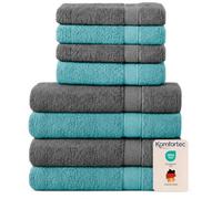 Komfortec Lot de 8 Serviettes 100% Coton, 4 Serviettes de Bain de 70 x 140 cm et 4 Serviettes de Toilette de 50 x 100 cm, éponge Douce, Grande Taille, Gris Anthracite/Bleu