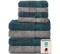Komfortec Lot de 8 Serviettes de Bain 100% Coton 70 x 140 cm et 4 Serviettes de Toilette 50 x 100 cm en éponge (Anthracite/Petrole)
