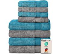 Komfortec Ensemble de Serviettes 8 Pièces, 4 Serviettes de Bain 70x140 cm et 4 Essuie-Mains 50x100 cm, 100% Coton, Gris Anthracite/Turquoise