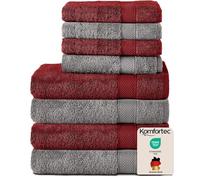 Komfortec Ensemble de Serviettes 8 Pièces, 4 Serviettes de Bain 70x140 cm et 4 Essuie-Mains 50x100 cm, 100% Coton, Gris Anthracite/Rouge Aurore