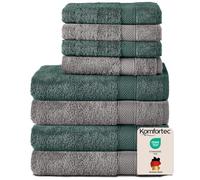 Komfortec Lot de 8 Serviettes 100% Coton 470 g/m², 4 Serviette de Bain 70x140 cm et 4 Essuie-Mains 50x100 cm, éponge Douce, Grande Taille, Gris Anthracite/Vert Foncé