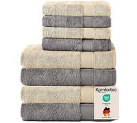 Komfortec Lot de 8 Serviettes 100% Coton 470 g/m², 4 Serviette de Bain 70x140 cm et 4 Essuie-Mains 50x100 cm, éponge Douce, Grande Taille, Gris Anthracite/Beige