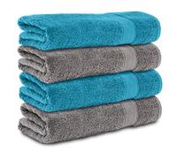 Komfortec Lot de 4 Serviettes de Bain 70x140 cm, 100% Coton, Douces et Très Absorbantes, Grande Taille, Anthracite/Turquoise