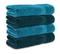 Komfortec Lot de 4 Serviettes de Bain 70x140 cm, 100% Coton, Douces et Très Absorbantes, Grande Taille, Bleu Pétrole/Turquoise