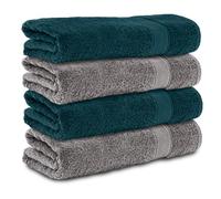 Komfortec Lot de 4 Serviettes de Bain 70x140 cm, 100% Coton, Douces et Très Absorbantes, Grande Taille, Anthracite/Bleu Pétrole