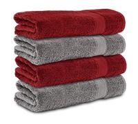 Komfortec Lot de 4 Serviettes de Bain 70x140 cm, 100% Coton, Douces et Très Absorbantes, Grande Taille, Anthracite/Rouge