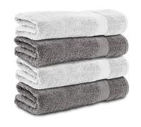 Komfortec Lot de 4 Serviettes de Bain 70x140 cm, 100% Coton, Douces et Très Absorbantes, Grande Taille, Anthracite/Blanc