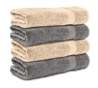 Komfortec Lot de 4 Serviettes de Bain 70x140 cm, 100% Coton, Douces et Très Absorbantes, Grande Taille, Anthracite/Beige