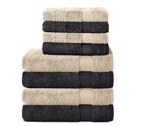 Komfortec Lot de 8 Serviettes 100% Coton, 4 Serviettes de Bain de 70 x 140 cm et 4 Serviettes de Toilette de 50 x 100 cm, éponge Douce, Grande Taille, Noir/Beige