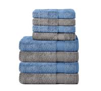 Komfortec Lot de 8 Serviettes 100% Coton, 4 Serviettes de Bain de 70 x 140 cm et 4 Serviettes de Toilette de 50 x 100 cm, éponge Douce, Grande Taille, Anthracite/Bleu Clair