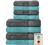 Komfortec Lot de 8 Serviettes 100% Coton, 4 Serviettes de Bain de 70 x 140 cm et 4 Serviettes de Toilette de 50 x 100 cm, éponge Douce, Grande Taille, Gris Anthracite/Bleu