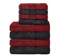 Komfortec Lot de 8 Serviettes 100% Coton 470 g/m², 4 Serviette de Bain 70x140 cm et 4 Essuie-Mains 50x100 cm, éponge Douce, Grande Taille, Noir/Rouge Aurore