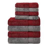 Komfortec Lot de 8 Serviettes 100% Coton 470 g/m², 4 Serviette de Bain 70x140 cm et 4 Essuie-Mains 50x100 cm, éponge Douce, Grande Taille, Gris Anthracite/Rouge Aurore