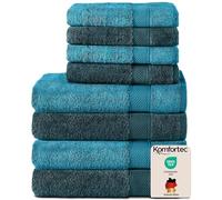 Komfortec Lot de 8 Serviettes 100% Coton 470 g/m², 4 Serviette de Bain 70x140 cm et 4 Essuie-Mains 50x100 cm, éponge Douce, Grande Taille, Turquoise/Petrole