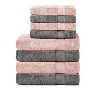 Komfortec Lot de 8 Serviettes 100% Coton 470 g/m², 4 Serviette de Bain 70x140 cm et 4 Essuie-Mains 50x100 cm, éponge Douce, Grande Taille, Gris Anthracite/Rose