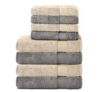 Komfortec Lot de 8 Serviettes 100% Coton 470 g/m², 4 Serviette de Bain 70x140 cm et 4 Essuie-Mains 50x100 cm, éponge Douce, Grande Taille, Gris Anthracite/Beige