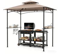 KOMFOTTEU Abri Barbecue à Double Toit, Tonnelle de Jardin Exterieur pour Grill avec 2 Étagères et 7 Crochets, Tonnelle de Barbecue pour Camping, Pique-niques, Fête, BBQ, 240 x 151 x 255 cm (Café)