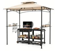 KOMFOTTEU Abri Barbecue à Double Toit, Tonnelle de Jardin Exterieur pour Grill avec 2 Étagères et 7 Crochets, Tonnelle de Barbecue pour Camping, Pique-niques, Fête, BBQ, 240 x 151 x 255 cm (Beige)