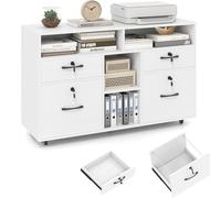 KOMFOTTEU Armoire de Classement à Roulettes, Caisson de Rangement, 4 Tiroirs verrouillables& 4 Casier, Meuble Rangement de Bureau, Support d'Imprimante, Étagère réglable, 104 x 35 x 65,5 cm (Blanc)