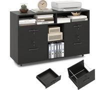 KOMFOTTEU Armoire de Classement à roulettes, Caisson de Rangement, 4 Tiroirs verrouillables& 4 Casier, Meuble Rangement de Bureau, Support d'Imprimante, Étagère réglable, 104 x 35 x 65,5 cm (Noir)