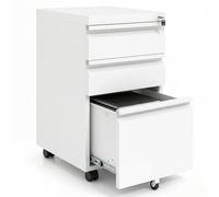 KOMFOTTEU Armoire Dossier Mobile, Métal, 3 Tiroirs Serrure, 2 Clés, Blanc | Caisson de Bureau, Porte-documents Format A4, Classeur de Dossiers, pour Fichier, Document, 44 x 37 x 60 cm