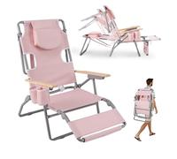 KOMFOTTEU Bain de Soleil inclinable, Chaise Longue, Dossier réglable en 4 Positions & Repose-Pieds à 2 Positions, Transat avec Trou pour Le Visage, pour Piscine, Plage, Jardin (Rose pâle)