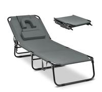 KOMFOTTEU Bain de Soleil Pliante, Chaise Longue, 3 Appuie-tête Amovibles & Trou, Chaise inclinable de Plage, Dossier réglable en 5 Positions, Transat de Piscine Portable, 63 x 194 x 37 cm (Gris)