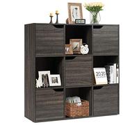 KOMFOTTEU Bibliothèque à 3 Niveaux avec 9 Compartiments, Autonome, Étagère de Bureau avec Fermeture magnétique, Armoire de classement, 90 x 29 x 90 cm, Gris foncé