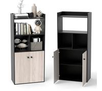 KOMFOTTEU Bibliothèque en Bois avec Armoire à Porte, Colonne de Rangement avec 2 Étagères Ouvertes, Meuble de Rangement, Étagère pour Livres, 60 x 30 x 140 cm (Noir & Gris)