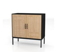KOMFOTTEU Buffet Bas avec 2 Portes en Rotin, Meuble Rangement de Cuisine avec Étagère réglable en 3 Positions, Armoire de Salle à Manger, Kit Anti-basculement, 80 x 38 x 81 cm (Noir)