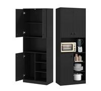 KOMFOTTEU Buffet de Cuisine avec 2 Armoires à Porte & 4 Étagères Semi-Ouvertes, Armoire Haute Multi-Rangement, Kit Anti-basculement, Placard de Rangement, 60 x 33 x 166 cm (Noir)