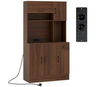 KOMFOTTEU Buffet de Cuisine avec Station de Charge, Armoire Haute avec Tiroir & Cubes Semi-Ouvertes, Meuble Cuisine, Étagères réglables, 5 Armoire à Portes, 90 x 39 x 167 cm (Noyer)