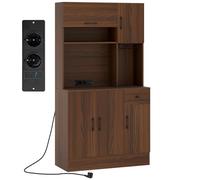 KOMFOTTEU Buffet de Cuisine avec Station de Charge, Armoire Haute avec Tiroir et Cubes Semi-Ouvertes, Meuble Cuisine, Étagères réglables, 5 Armoire à Portes, 90 x 39 x 167 cm (Noyer)