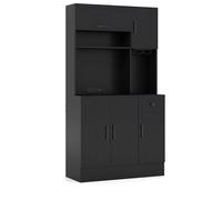 KOMFOTTEU Buffet de Cuisine avec Station de Charge, Armoire Haute avec Tiroir et Cubes Semi-Ouvertes, Meuble Cuisine, Étagères réglables, 5 Armoire à Portes, 90 x 39 x 167 cm (Noir)