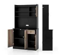 KOMFOTTEU Buffet de Cuisine en Bois avec 3 Portes, Tiroir et Étagère réglable, Colonne de Cuisine avec Trous pour Câbles, Armoire Haut avec Dispositif Anti-basculement, 60 x 40 x 180 cm (Noir)