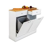 KOMFOTTEU Buffet de Salle à Manger avec Planche à Découper, Armoire avec Support pour Poubelles 40 L & Tiroir, Armoire Polyvalente de Cuisine, Plateau supérieur en Bambou (Double Porte)