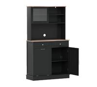 KOMFOTTEU Buffet Haut avec Support pour Poubelles, Colonne de Cuisine avec 2 Tiroirs & 2 Armoires à Portes, Meuble Rangementd de Cuisine, Plan en Bois Massif, 100 x 34 x 172 cm (Noir)