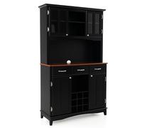 KOMFOTTEU Buffet Haut de Cuisine avec 3 Tiroirs & 4 Armoires à Portes, Colonne de Cuisine, 2 Casiers Ouverts & Porte-Bouteilles pour 9 Bouteilles, Meuble Rangement, 112 x 41,5 x 184,5 cm (Noir)