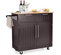 KOMFOTTEU Chariot de Cuisine avec Plateau supérieur en Bois d’Hévéa, Desserte à Roulette avec 2 Tiroirs & 2 Armoires à Porte, Chariot de Salle à Manger, 94 x 45,5 x 94,5 cm (Café)