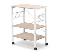KOMFOTTEU Chariot de Cuisine avec roulettes, 3 Niveaux, Étagère Mobile pour Micro-Ondes avec Plateaux réglables en Hauteur et 10 Crochets en S, Desserte de Service, 60 x 40 x 73cm, Beige