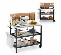 KOMFOTTEU Chariot pour Barbecue à 3 Niveaux, Desserte de Jardin avec Plateau Rabattable, Table de Grill Mobile avec Porte-Serviettes, Crochets, 116 x 55 x 130 cm, Noir